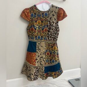 Alice + Olivia Rapunzel Color Block Patchwork printed crepe satin mini dress